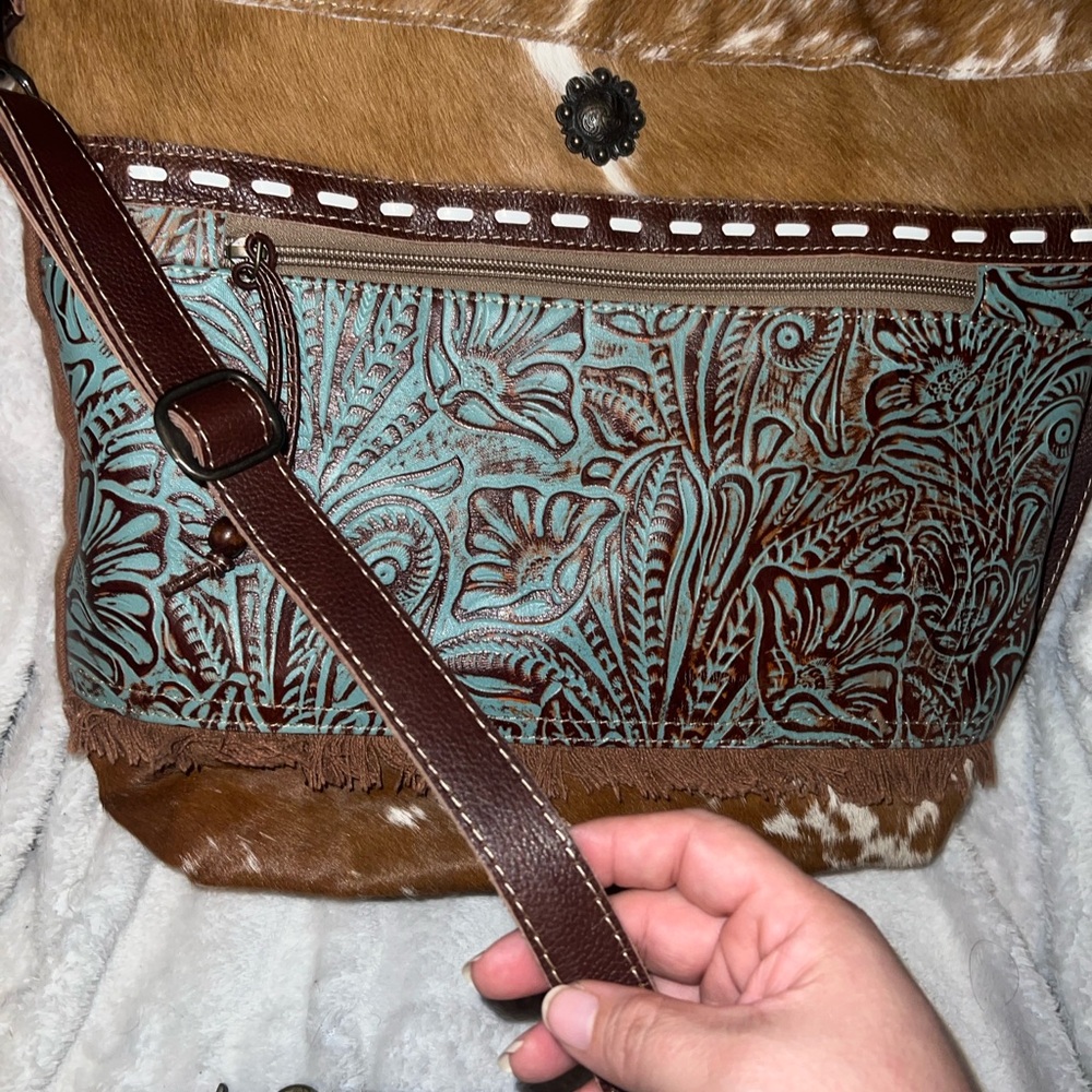 Myra Delphine canvas crossbody bag turquoise detail - Picture 2 of 10
